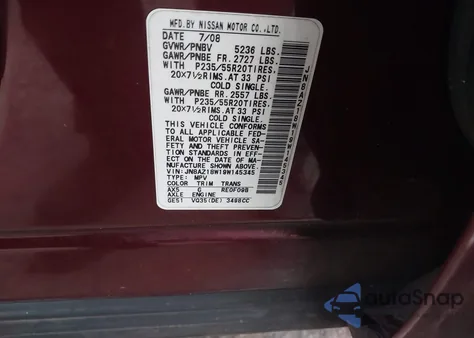 2009 Nissan Murano Le z USA, uszkodzony, nr VIN JN8AZ18W19W145345